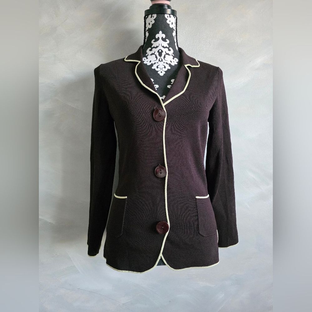 BCBGMaxAzria Cardigan Womens Button Front Career Blazer Brown Knit Contrast